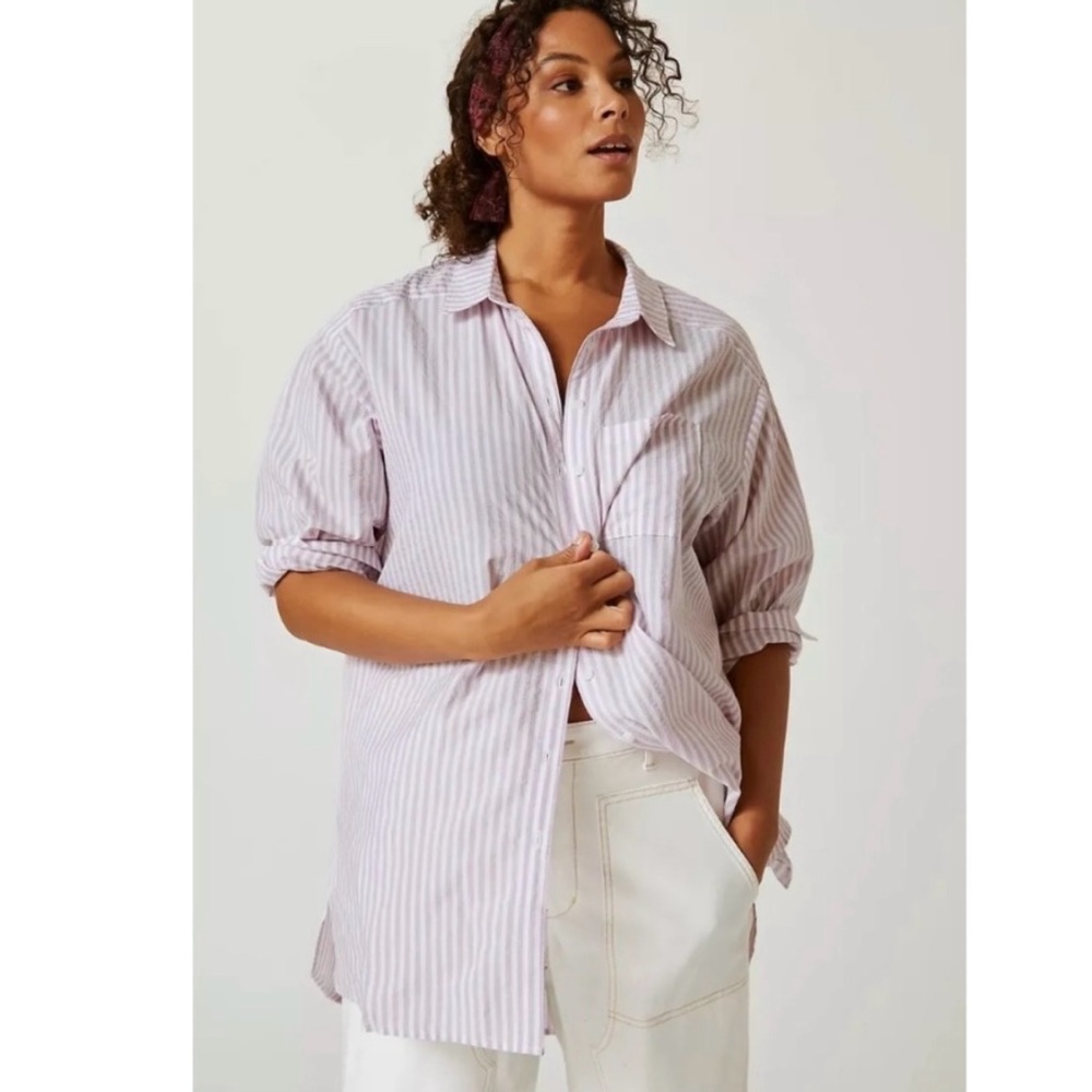 Anthropologie Long Line Purple Stripe Tunic Button Down Shirt
